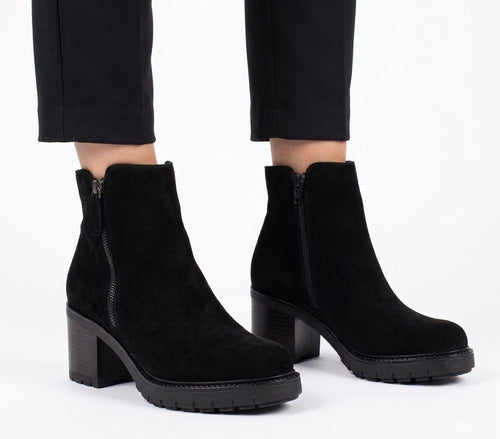 Ghete Elegante din Piele Naturală Întoarsă cu Toc Gros 086 negru velur