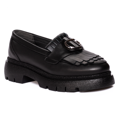 Mocasini Damă Piele Naturală cu Franjuri - Negru FL