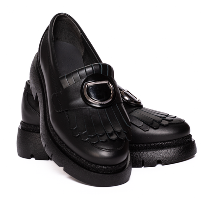 Mocasini Damă Piele Naturală cu Franjuri - Negru FL