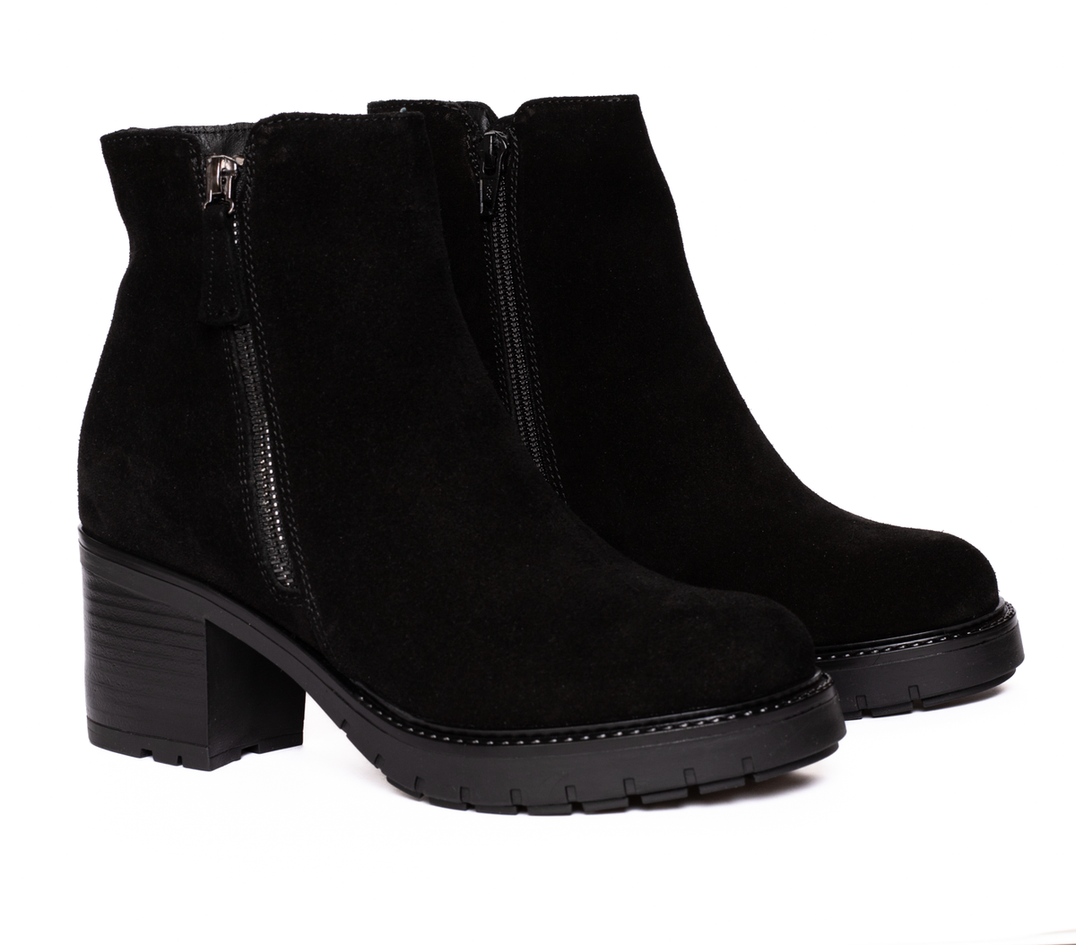 Ghete Elegante din Piele Naturală Întoarsă cu Toc Gros 086 negru velur