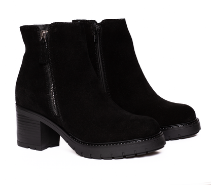 Ghete Elegante din Piele Naturală Întoarsă cu Toc Gros 086 negru velur