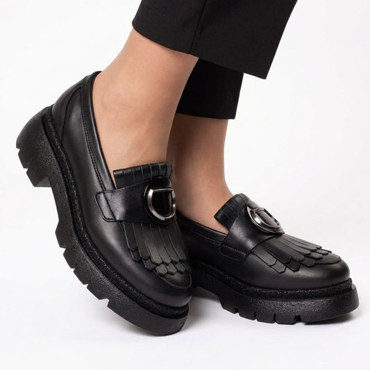 Mocasini Damă Piele Naturală cu Franjuri - Negru FL