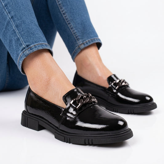 Mocasini Damă Piele Naturală Lăcuită - Negru Lena